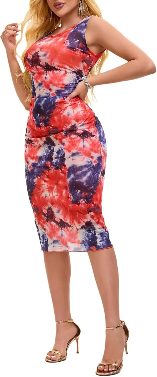 Women Sleeveless Summer Bodycon Tie Dye Mesh Midi Ruched Tank Dress