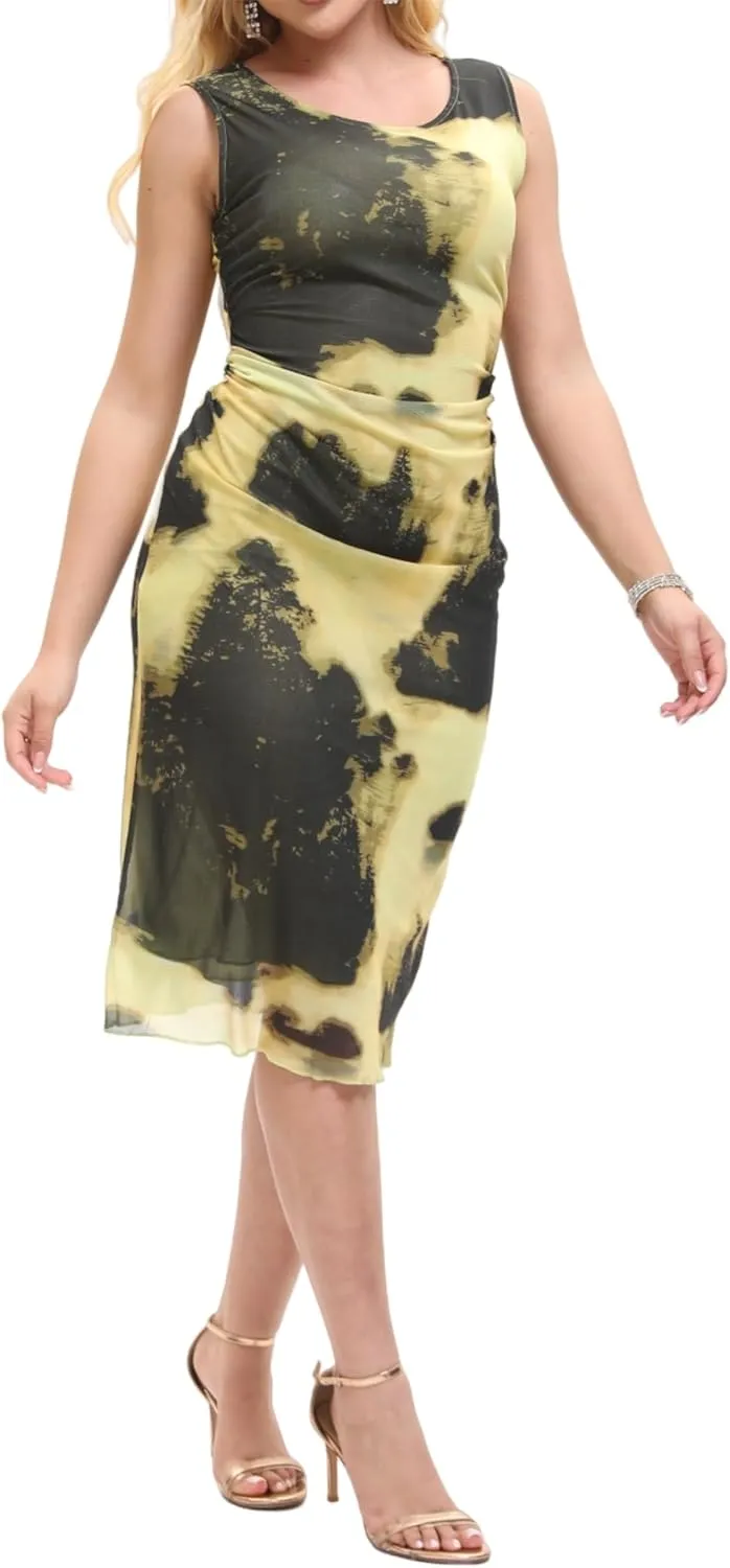 Women Sleeveless Summer Bodycon Tie Dye Mesh Midi Ruched Tank Dress