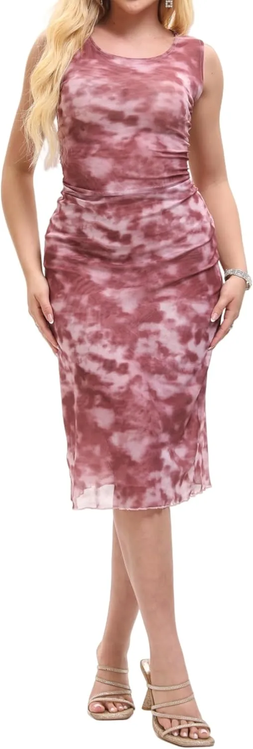 Women Sleeveless Summer Bodycon Tie Dye Mesh Midi Ruched Tank Dress