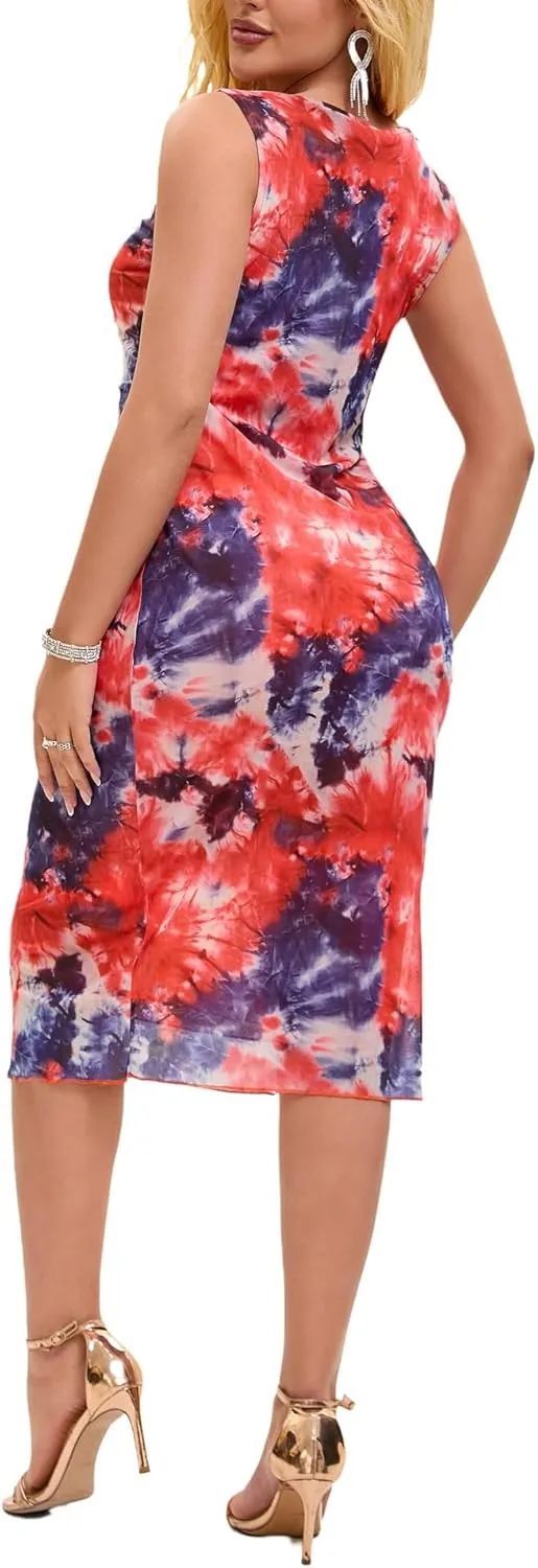 Women Sleeveless Summer Bodycon Tie Dye Mesh Midi Ruched Tank Dress