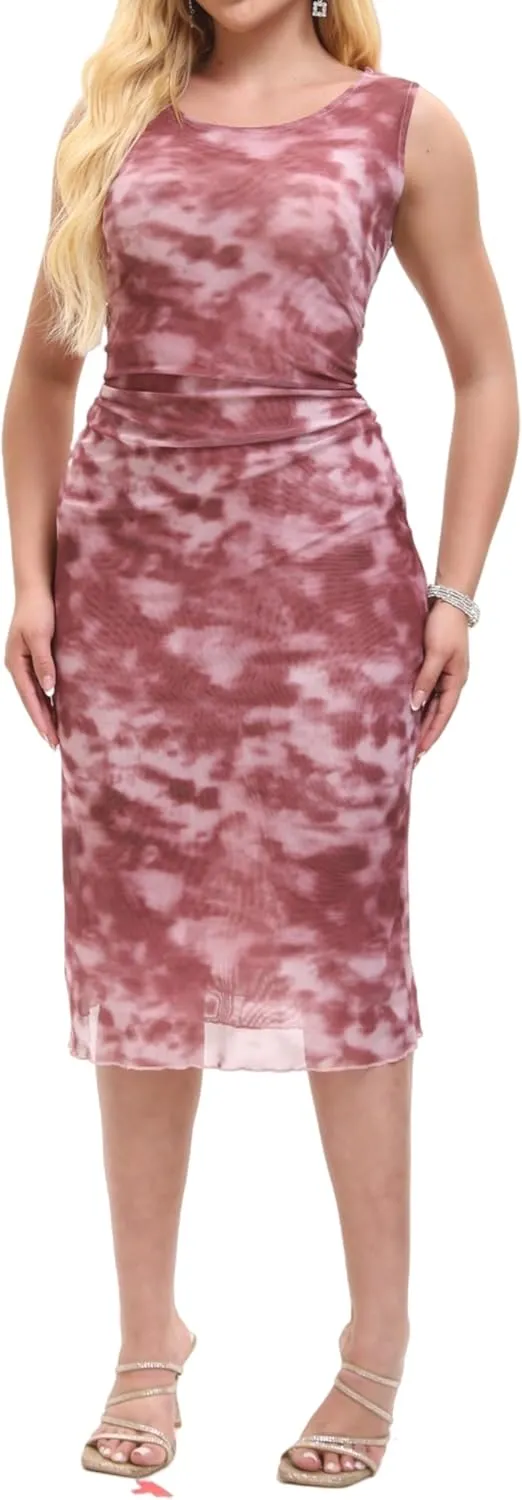 Women Sleeveless Summer Bodycon Tie Dye Mesh Midi Ruched Tank Dress