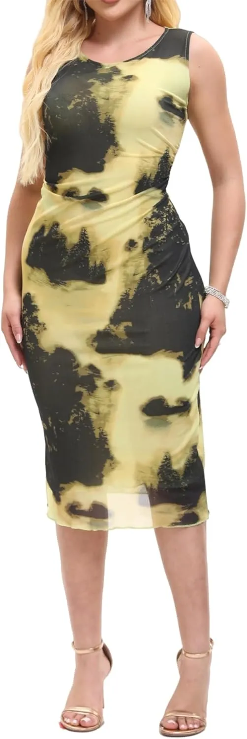 Women Sleeveless Summer Bodycon Tie Dye Mesh Midi Ruched Tank Dress