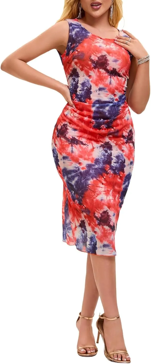 Women Sleeveless Summer Bodycon Tie Dye Mesh Midi Ruched Tank Dress