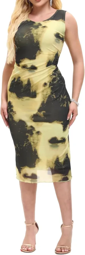 Women Sleeveless Summer Bodycon Tie Dye Mesh Midi Ruched Tank Dress