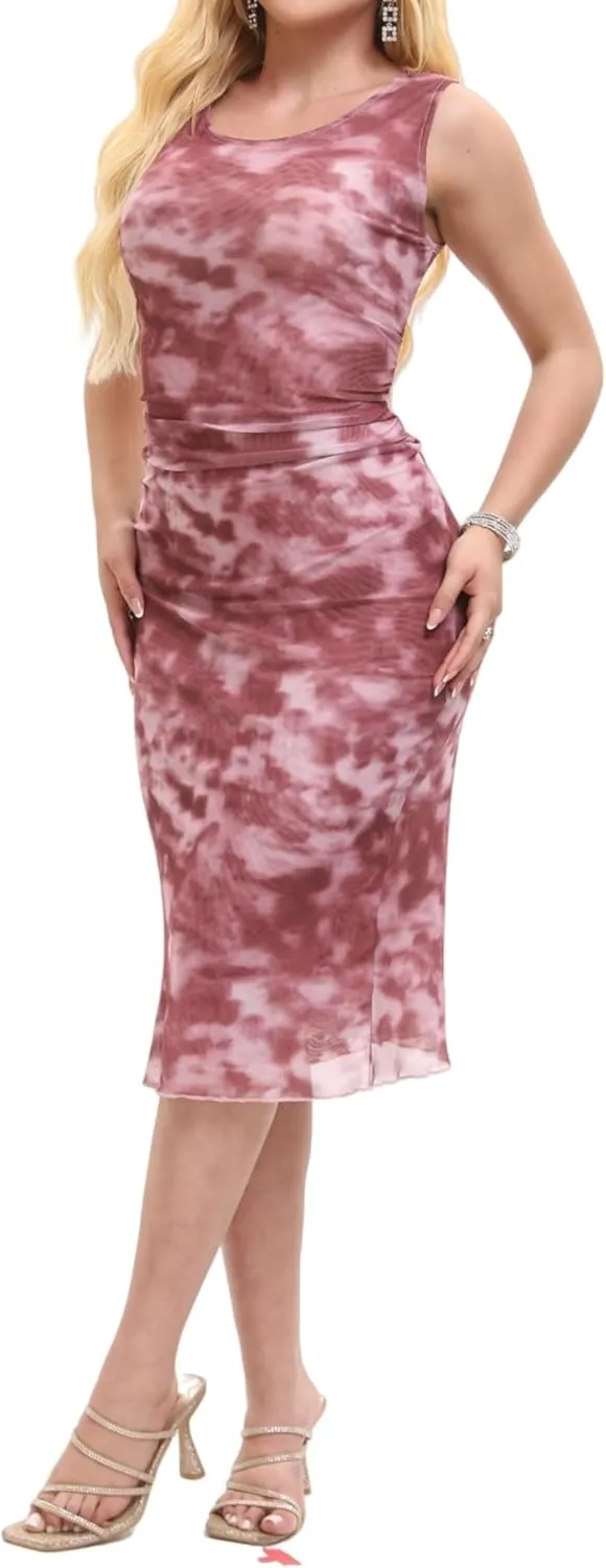 Women Sleeveless Summer Bodycon Tie Dye Mesh Midi Ruched Tank Dress
