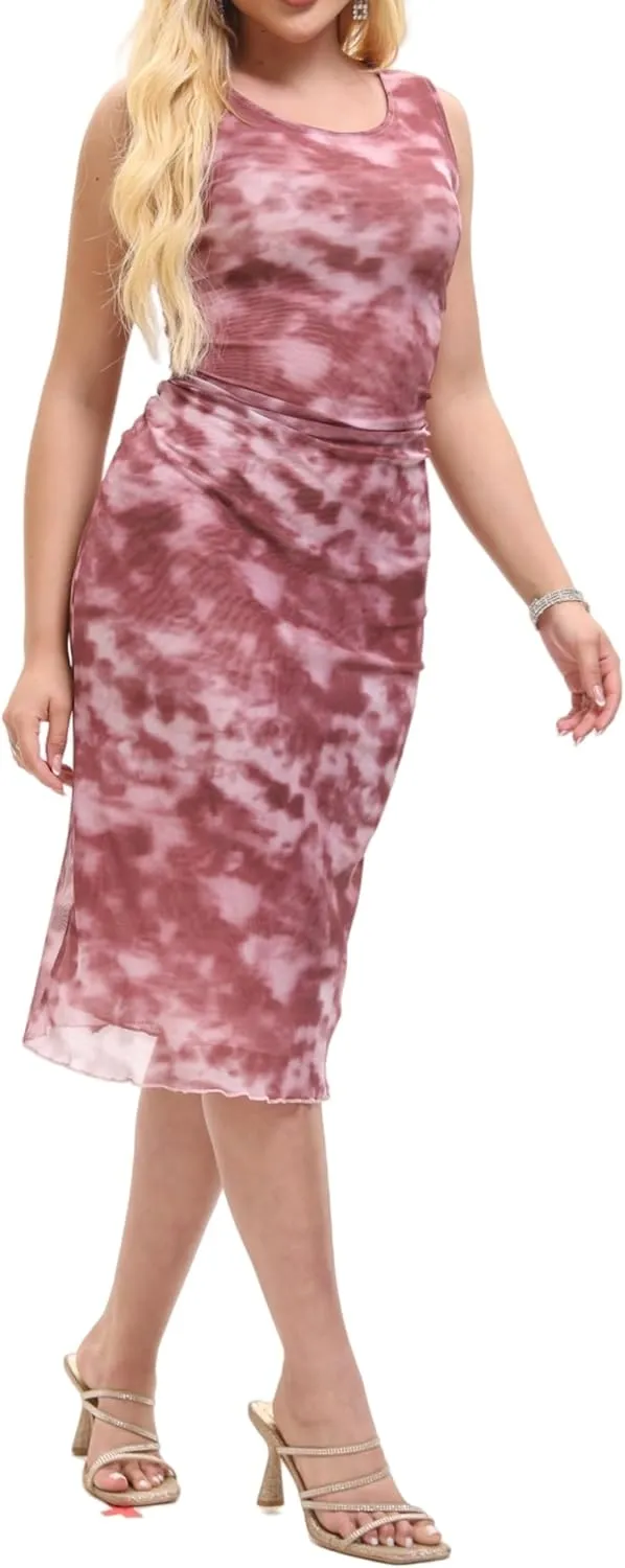 Women Sleeveless Summer Bodycon Tie Dye Mesh Midi Ruched Tank Dress