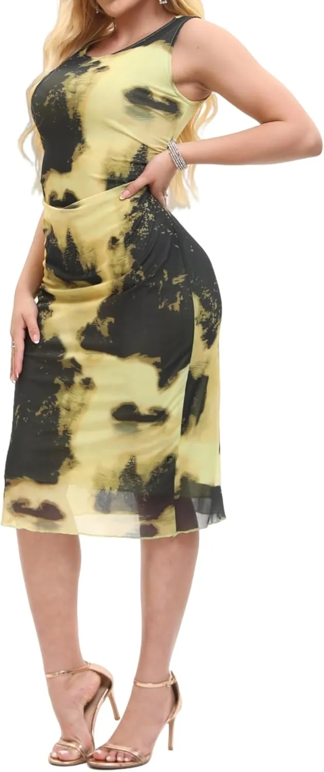 Women Sleeveless Summer Bodycon Tie Dye Mesh Midi Ruched Tank Dress