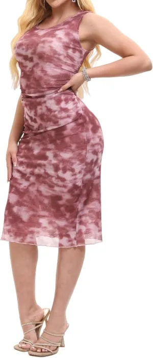 Women Sleeveless Summer Bodycon Tie Dye Mesh Midi Ruched Tank Dress