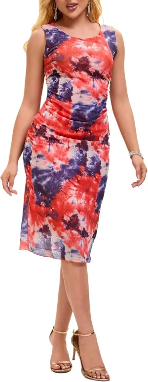 Women Sleeveless Summer Bodycon Tie Dye Mesh Midi Ruched Tank Dress