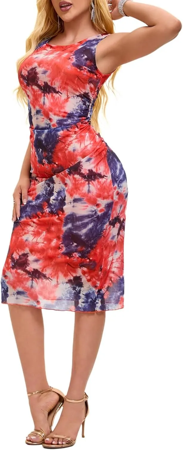 Women Sleeveless Summer Bodycon Tie Dye Mesh Midi Ruched Tank Dress