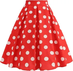 Women Summer Casual Midi Skirt Polka Dot High Waist Retro Vintage Pleated Party Skirts