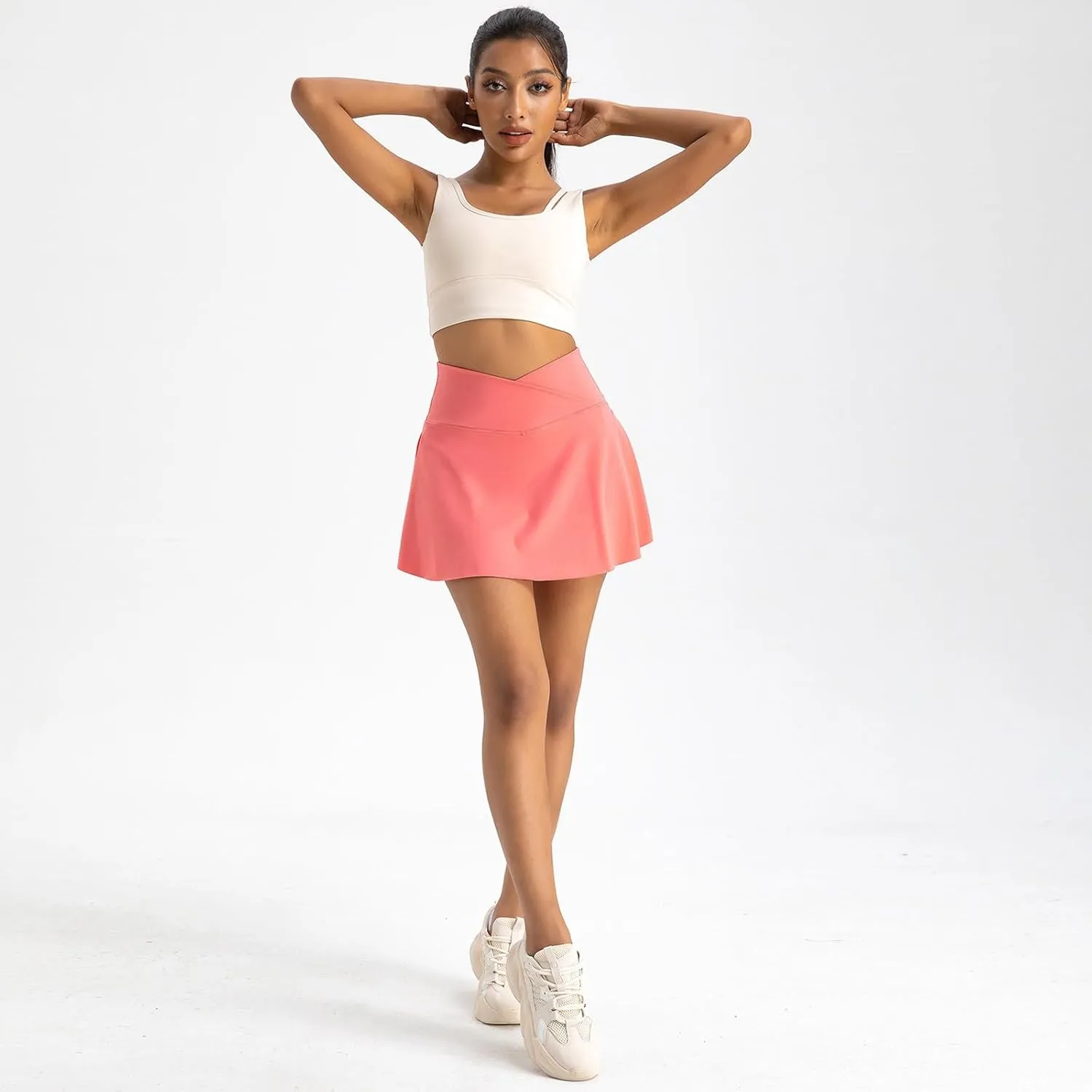 Women Tennis Skirt Crossover High Waisted Athletic Skorts with Pockets Flowy Mini Golf Skirts with Shorts Underneath