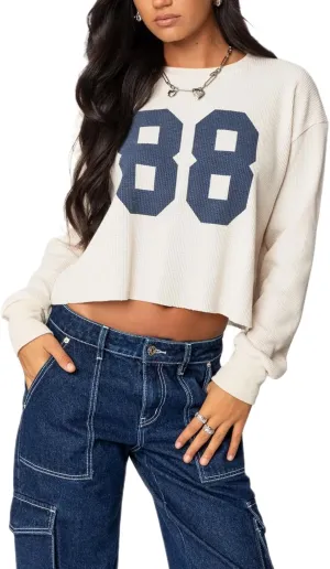 Women Y2k Number Print Jersey Top Oversized Long Sleeve Crewneck Sweatshirt Spring Going Out Streetwear