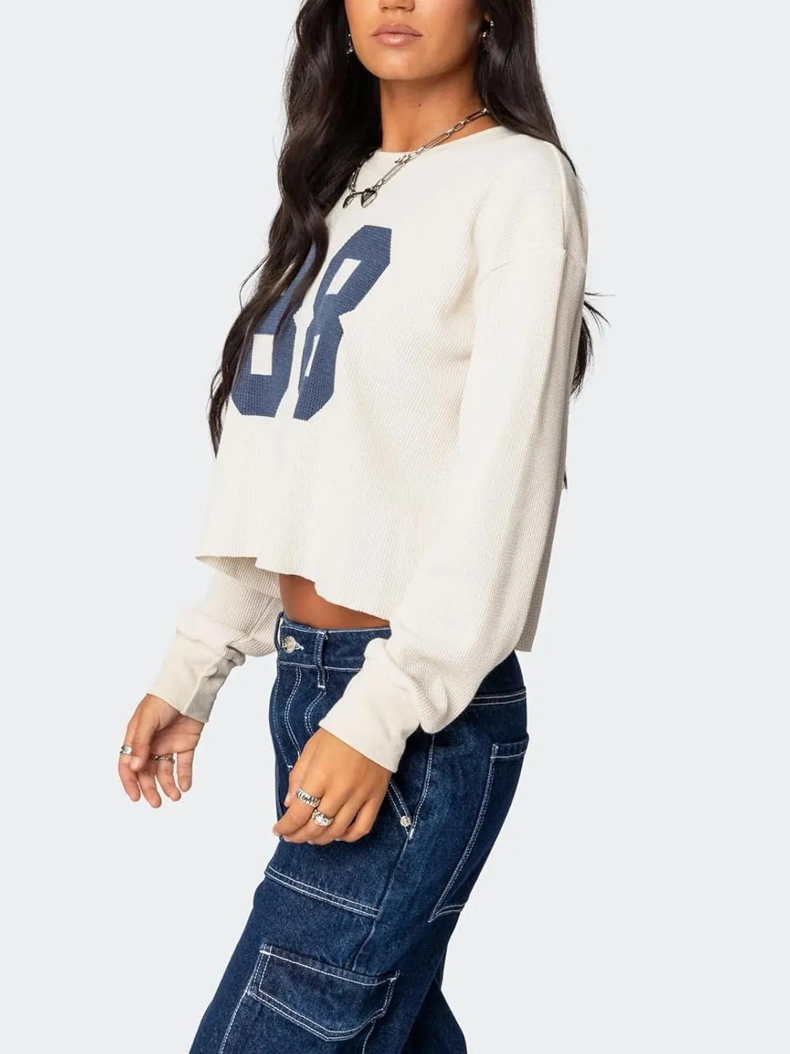 Women Y2k Number Print Jersey Top Oversized Long Sleeve Crewneck Sweatshirt Spring Going Out Streetwear