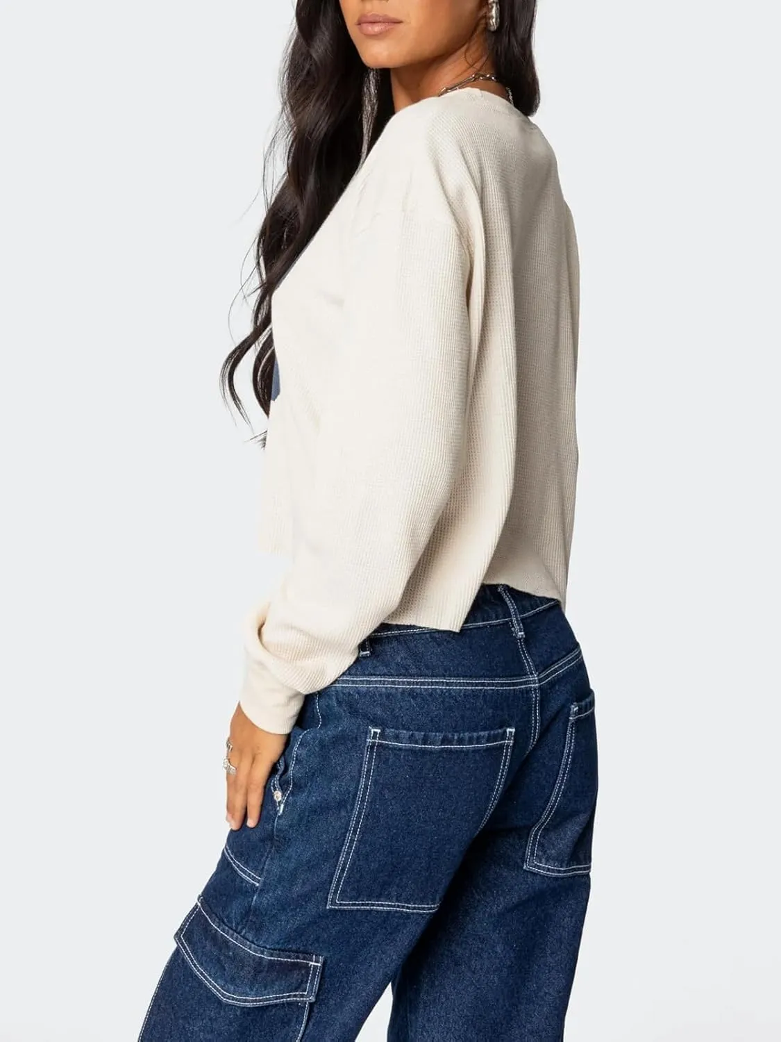 Women Y2k Number Print Jersey Top Oversized Long Sleeve Crewneck Sweatshirt Spring Going Out Streetwear