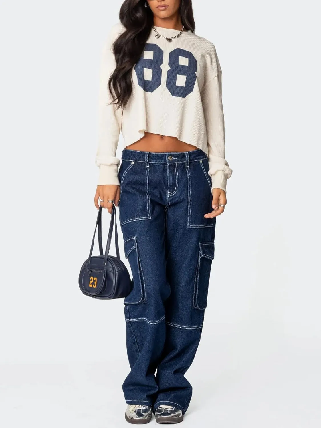 Women Y2k Number Print Jersey Top Oversized Long Sleeve Crewneck Sweatshirt Spring Going Out Streetwear