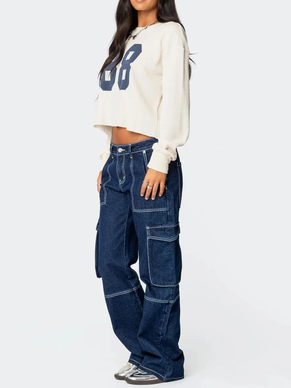 Women Y2k Number Print Jersey Top Oversized Long Sleeve Crewneck Sweatshirt Spring Going Out Streetwear