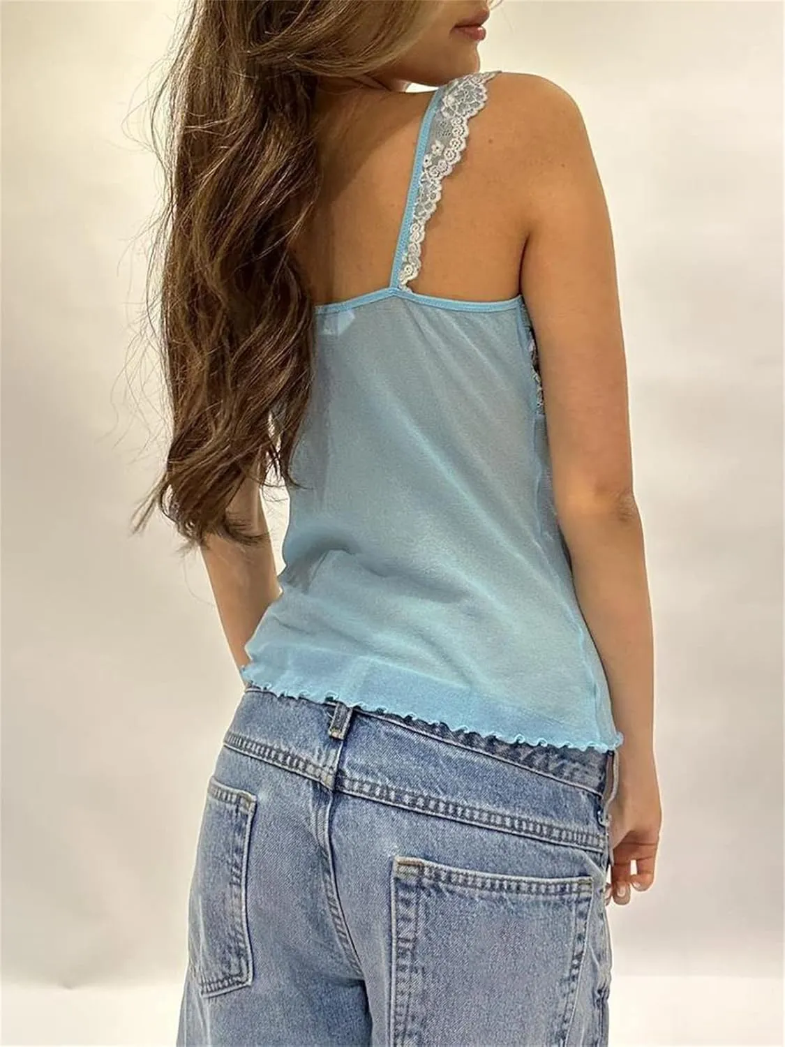 Women Y2K Sexy Lace Camisole Low Cut Slim Fit Sleeveless Spaghetti Strap Tank Crop Tops Vintage Fairy Streetwear