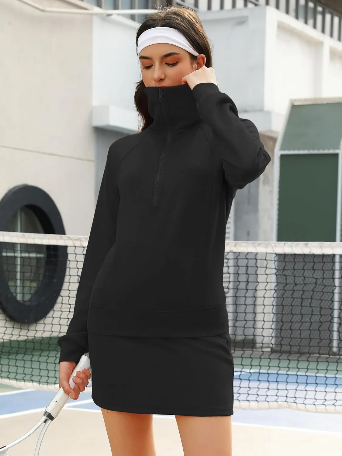 Women's 2 Piece Skirt Sets Athletic Tennis Skorts Tracksuit Half Zip Long Sleeve Sweatshirt Casual Outfits
