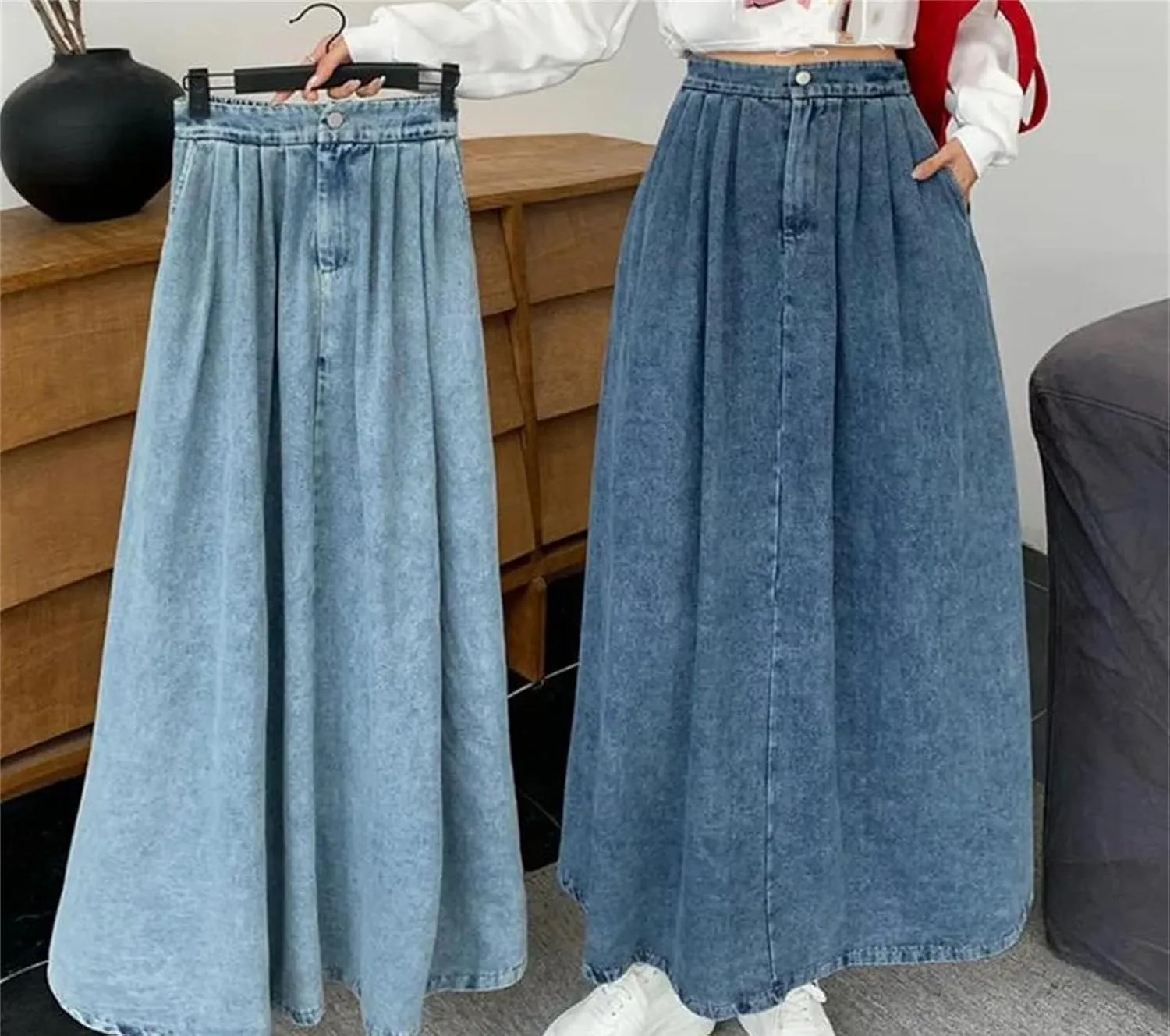 Women's A- Line Ankle-Length Denim Skirt High Waisted Vintage Casual Jeans Skirts
