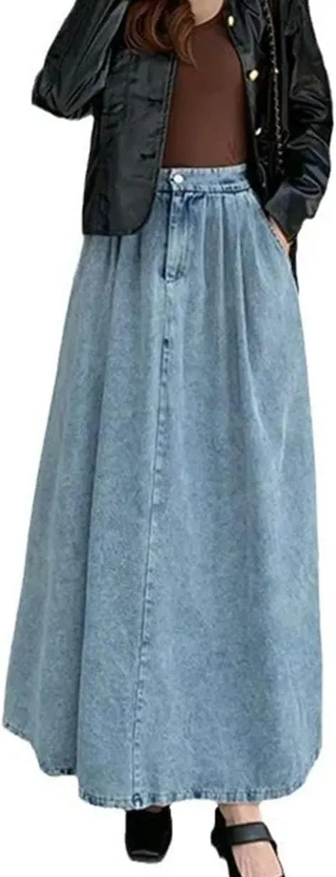 Women's A- Line Ankle-Length Denim Skirt High Waisted Vintage Casual Jeans Skirts