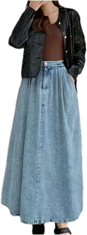 Women's A- Line Ankle-Length Denim Skirt High Waisted Vintage Casual Jeans Skirts