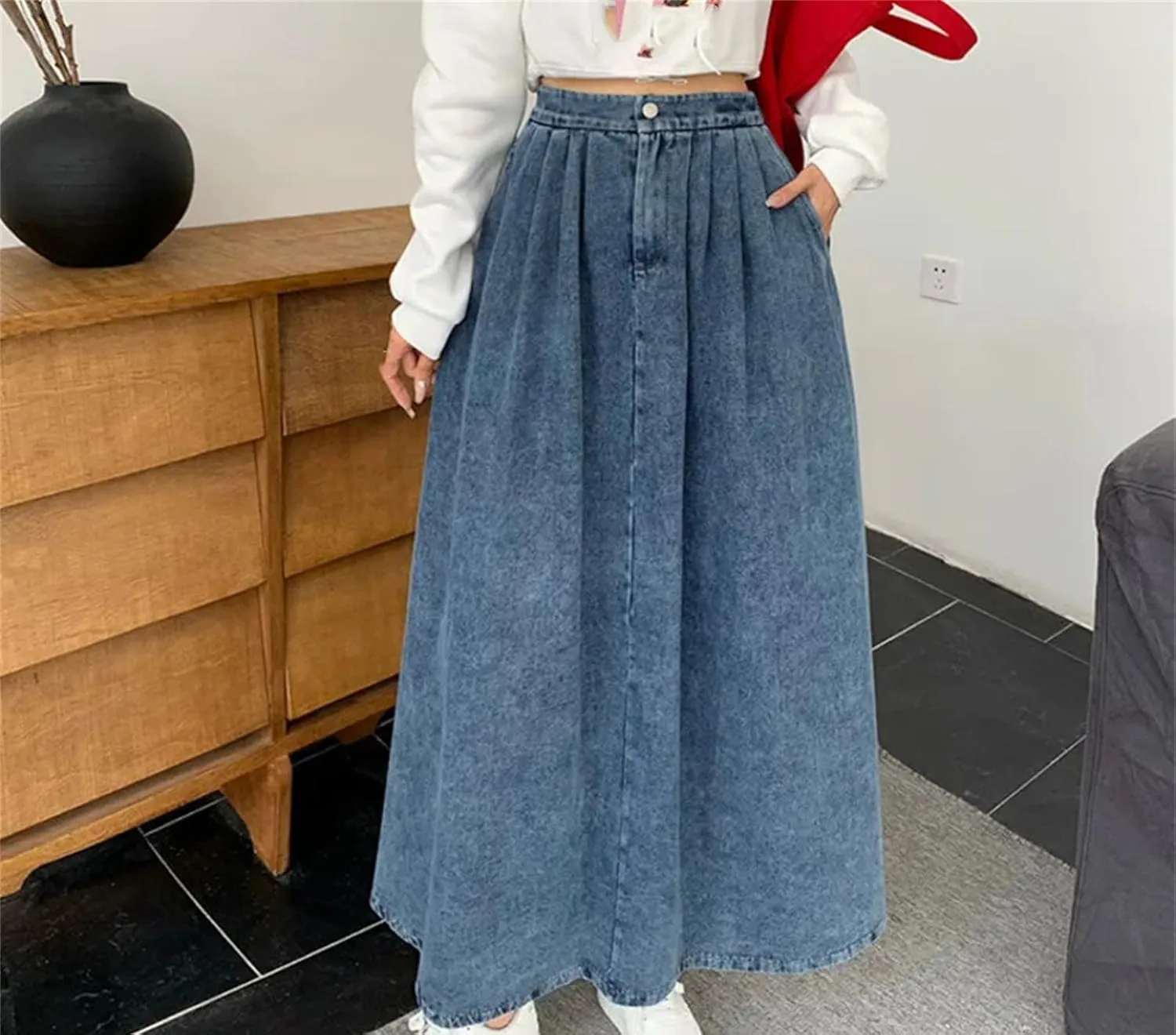 Women's A- Line Ankle-Length Denim Skirt High Waisted Vintage Casual Jeans Skirts