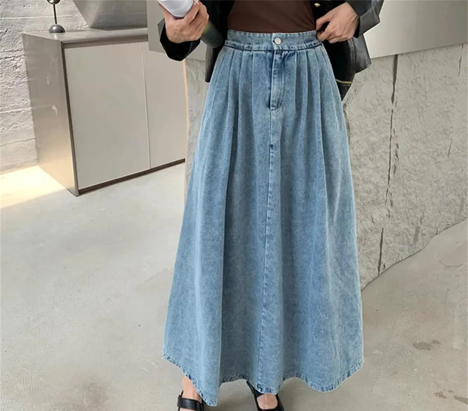 Women's A- Line Ankle-Length Denim Skirt High Waisted Vintage Casual Jeans Skirts