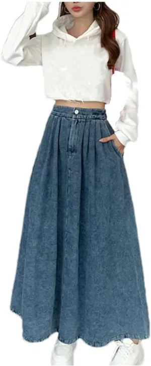 Women's A- Line Ankle-Length Denim Skirt High Waisted Vintage Casual Jeans Skirts