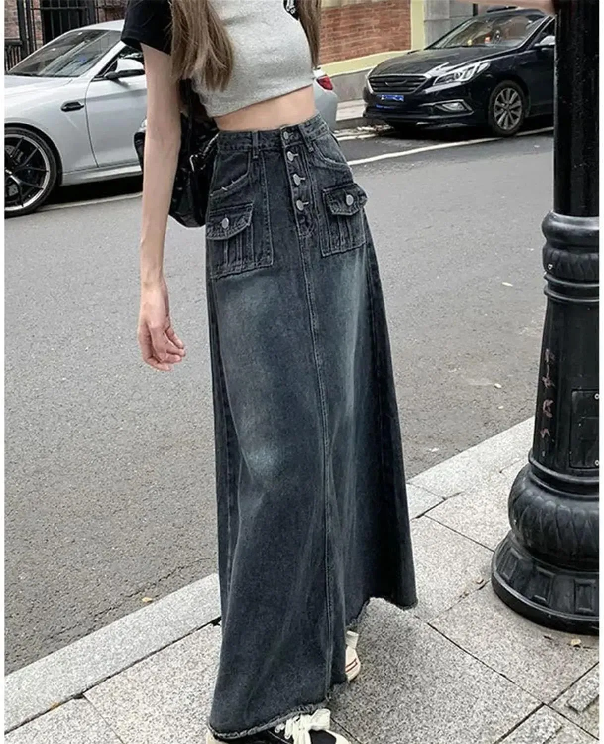 Women's A- Line Long Loose Fit Jeans Skirts Vintage High-Waisted Pencil Denim Skirt