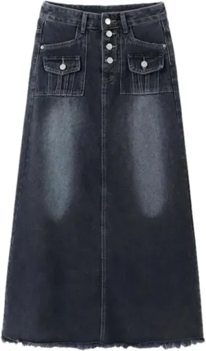 Women's A- Line Long Loose Fit Jeans Skirts Vintage High-Waisted Pencil Denim Skirt