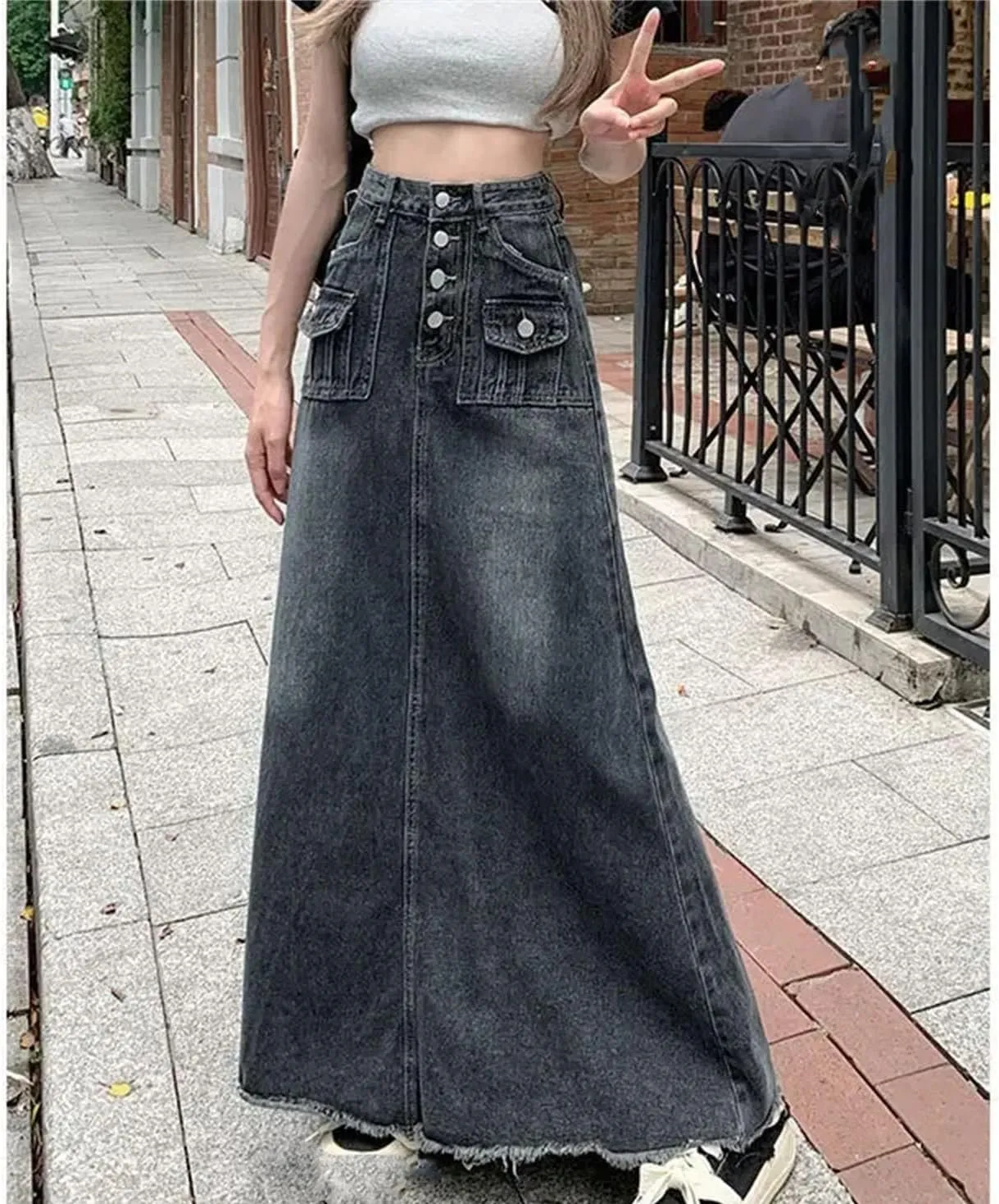 Women's A- Line Long Loose Fit Jeans Skirts Vintage High-Waisted Pencil Denim Skirt