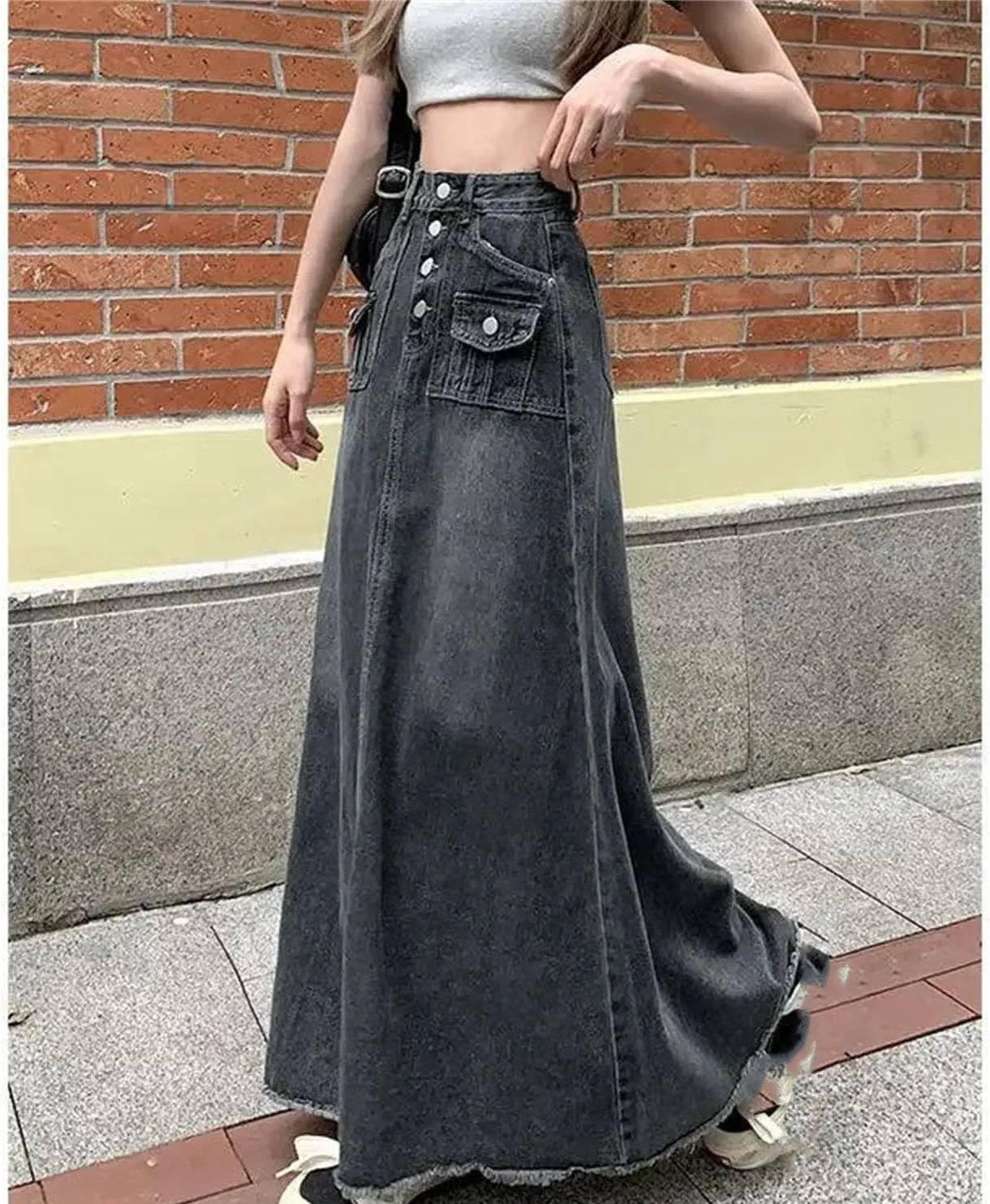 Women's A- Line Long Loose Fit Jeans Skirts Vintage High-Waisted Pencil Denim Skirt