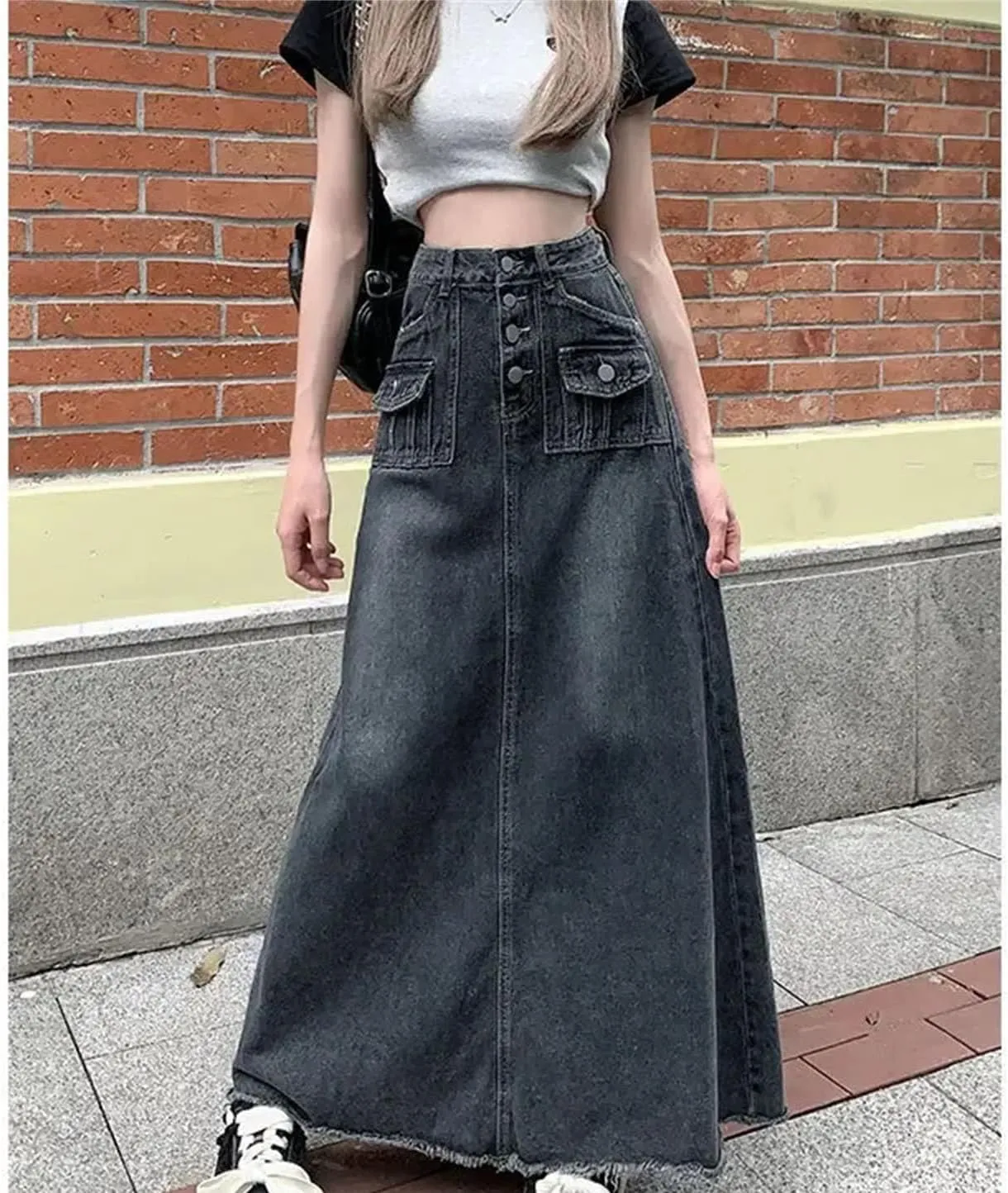 Women's A- Line Long Loose Fit Jeans Skirts Vintage High-Waisted Pencil Denim Skirt