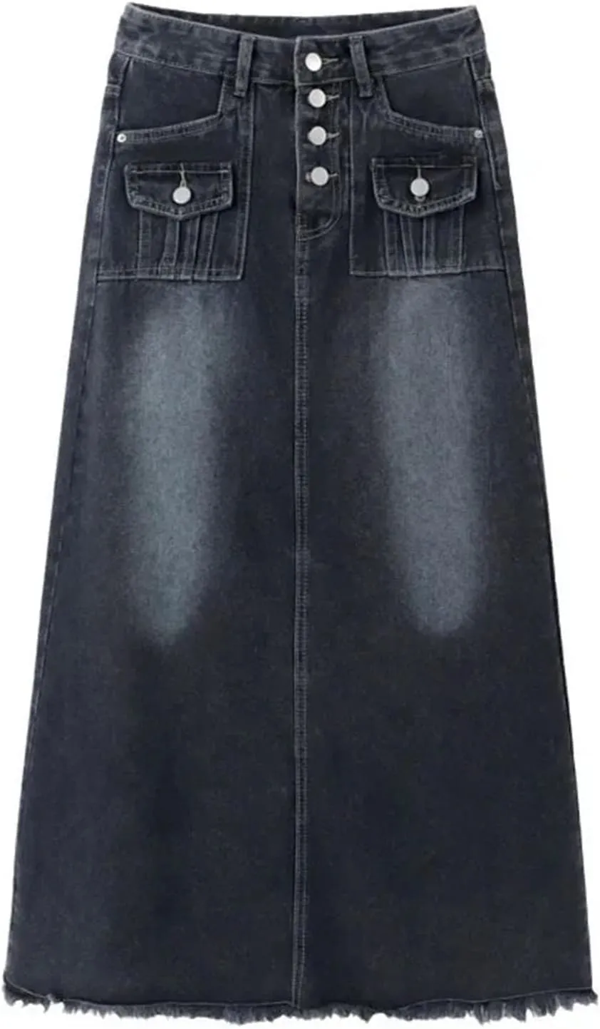 Women's A- Line Long Loose Fit Jeans Skirts Vintage High-Waisted Pencil Denim Skirt