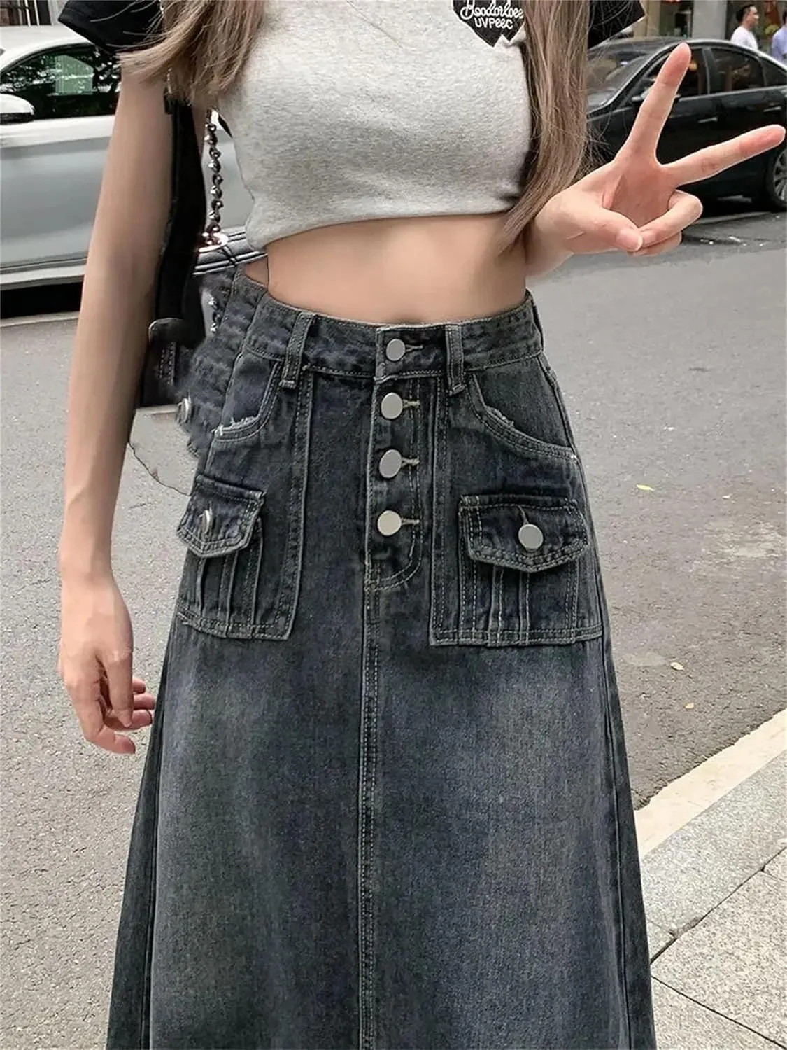Women's A- Line Long Loose Fit Jeans Skirts Vintage High-Waisted Pencil Denim Skirt