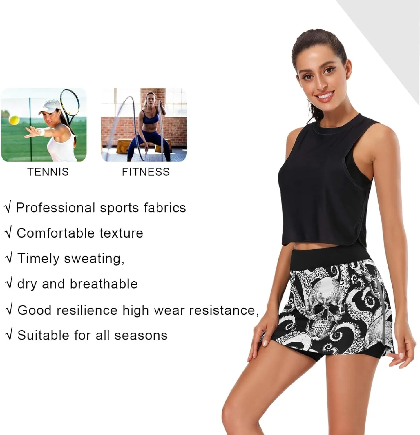 Women's Athletic Skorts - Skull Octopus Sports Skirts with Shorts & Pockets for Tennis Running