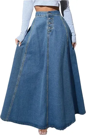 Women's Button-Down Denim Zipper Denim Skirt Vintage High-Waisted A-Line Jeans Skirts