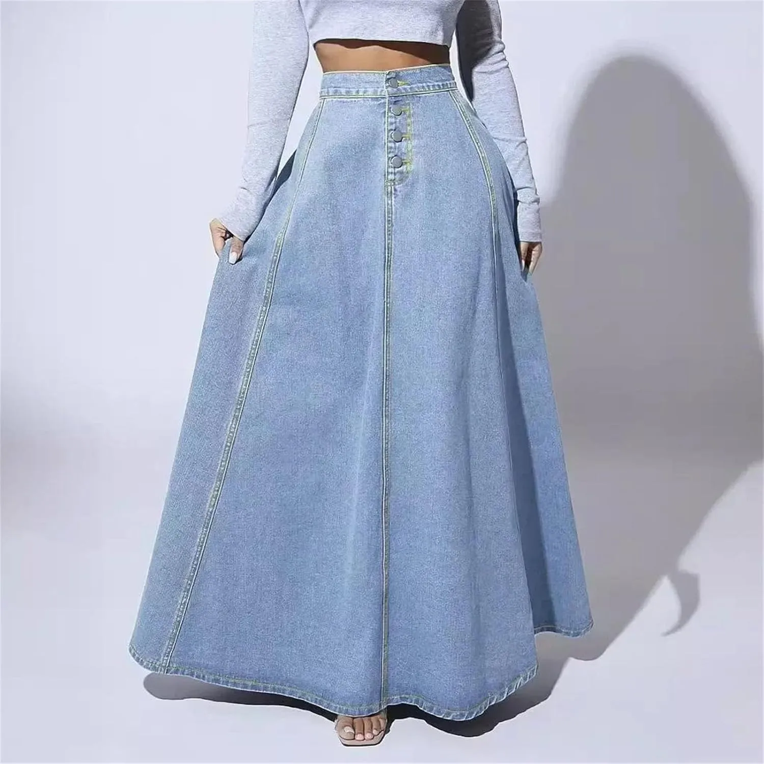 Women's Button-Down Denim Zipper Denim Skirt Vintage High-Waisted A-Line Jeans Skirts