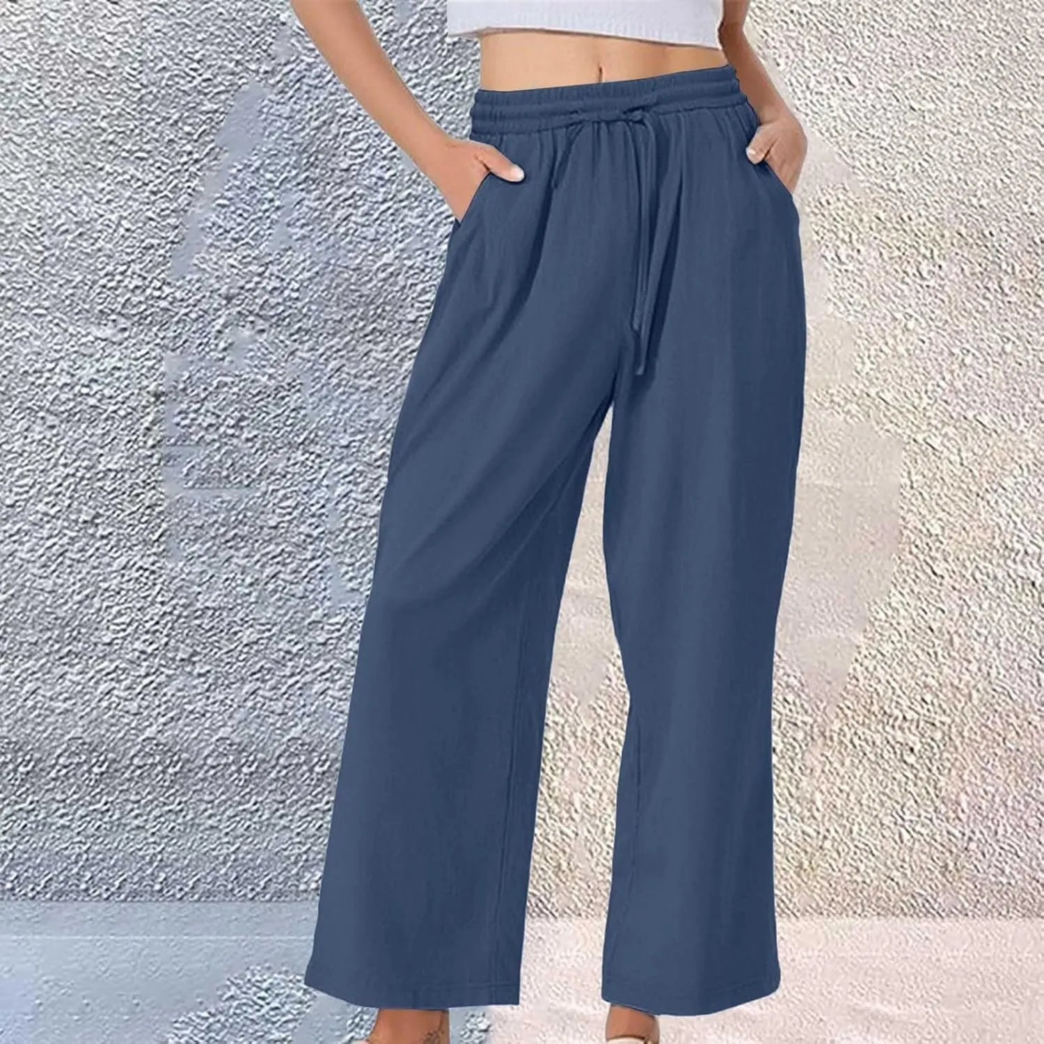 Women's Casual Cotton Linen Pants Summer Drawstring Elastic Waist Solid Plus Size Lounge Long Trousers with Pockets
