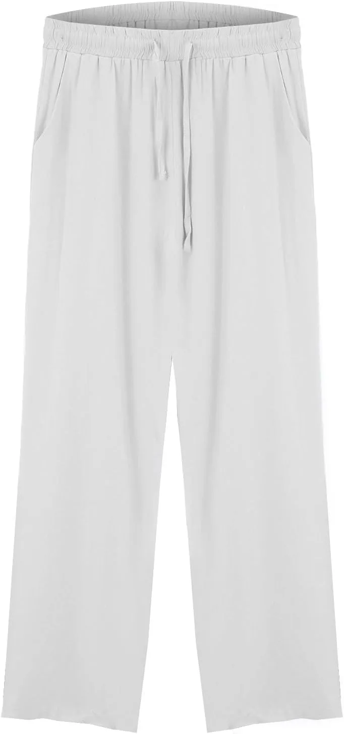 Women's Casual Cotton Linen Pants Summer Drawstring Elastic Waist Solid Plus Size Lounge Long Trousers with Pockets