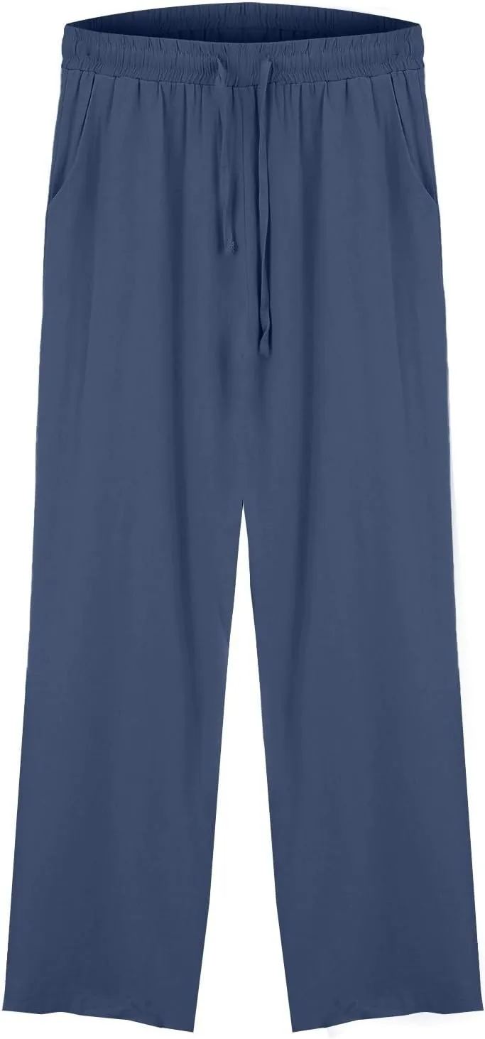 Women's Casual Cotton Linen Pants Summer Drawstring Elastic Waist Solid Plus Size Lounge Long Trousers with Pockets