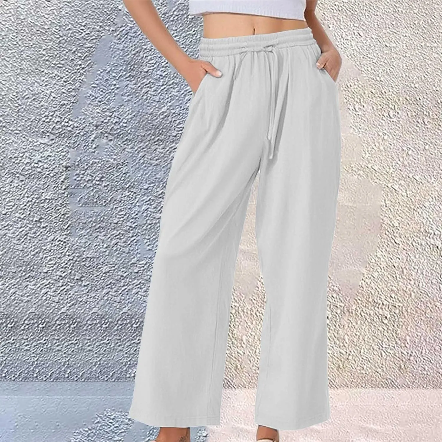 Women's Casual Cotton Linen Pants Summer Drawstring Elastic Waist Solid Plus Size Lounge Long Trousers with Pockets