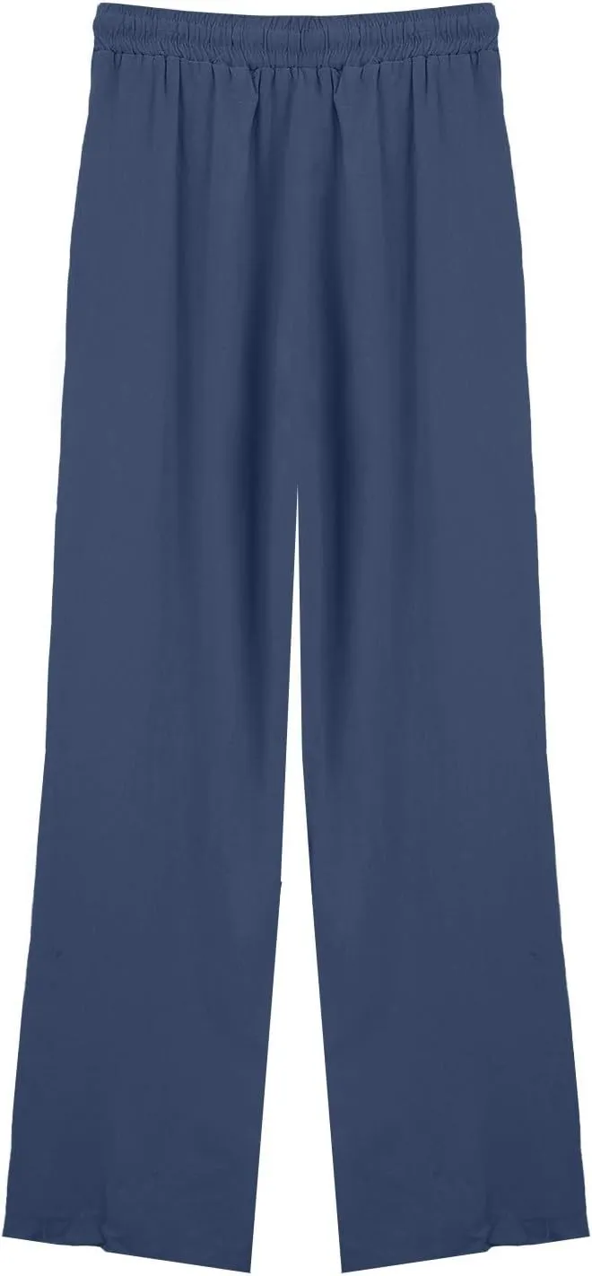 Women's Casual Cotton Linen Pants Summer Drawstring Elastic Waist Solid Plus Size Lounge Long Trousers with Pockets