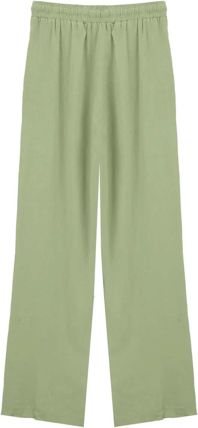 Women's Casual Cotton Linen Pants Summer Drawstring Elastic Waist Solid Plus Size Lounge Long Trousers with Pockets