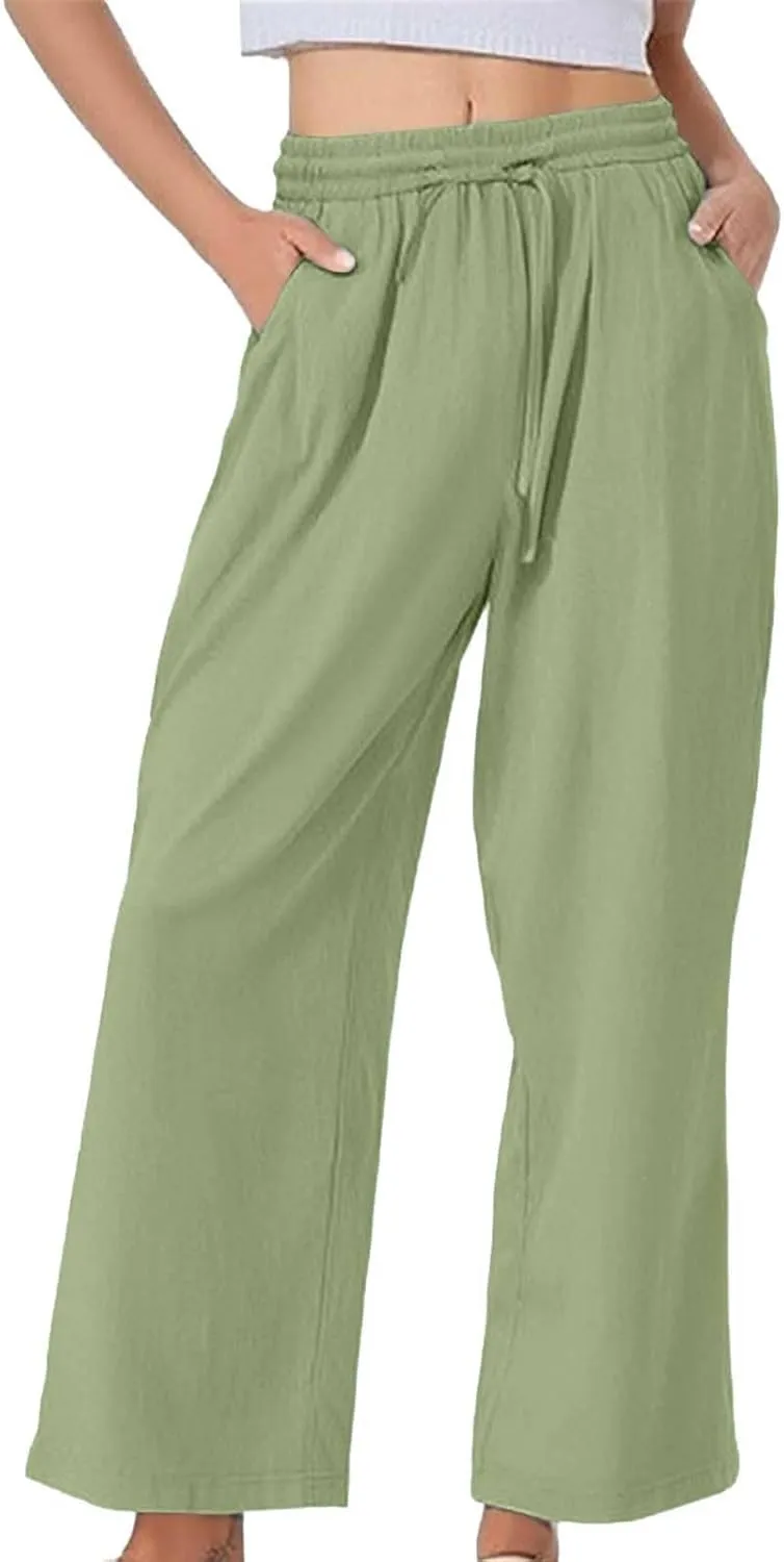 Women's Casual Cotton Linen Pants Summer Drawstring Elastic Waist Solid Plus Size Lounge Long Trousers with Pockets