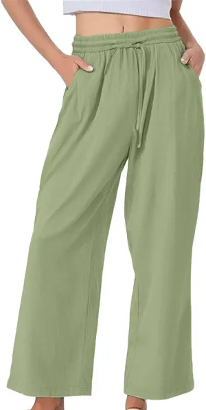 Women's Casual Cotton Linen Pants Summer Drawstring Elastic Waist Solid Plus Size Lounge Long Trousers with Pockets