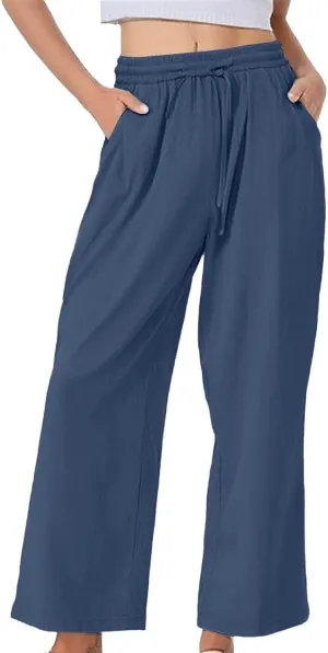 Women's Casual Cotton Linen Pants Summer Drawstring Elastic Waist Solid Plus Size Lounge Long Trousers with Pockets