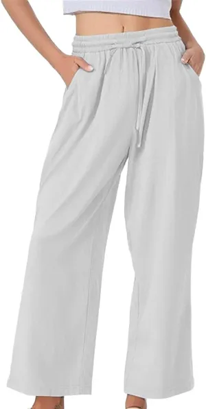 Women's Casual Cotton Linen Pants Summer Drawstring Elastic Waist Solid Plus Size Lounge Long Trousers with Pockets