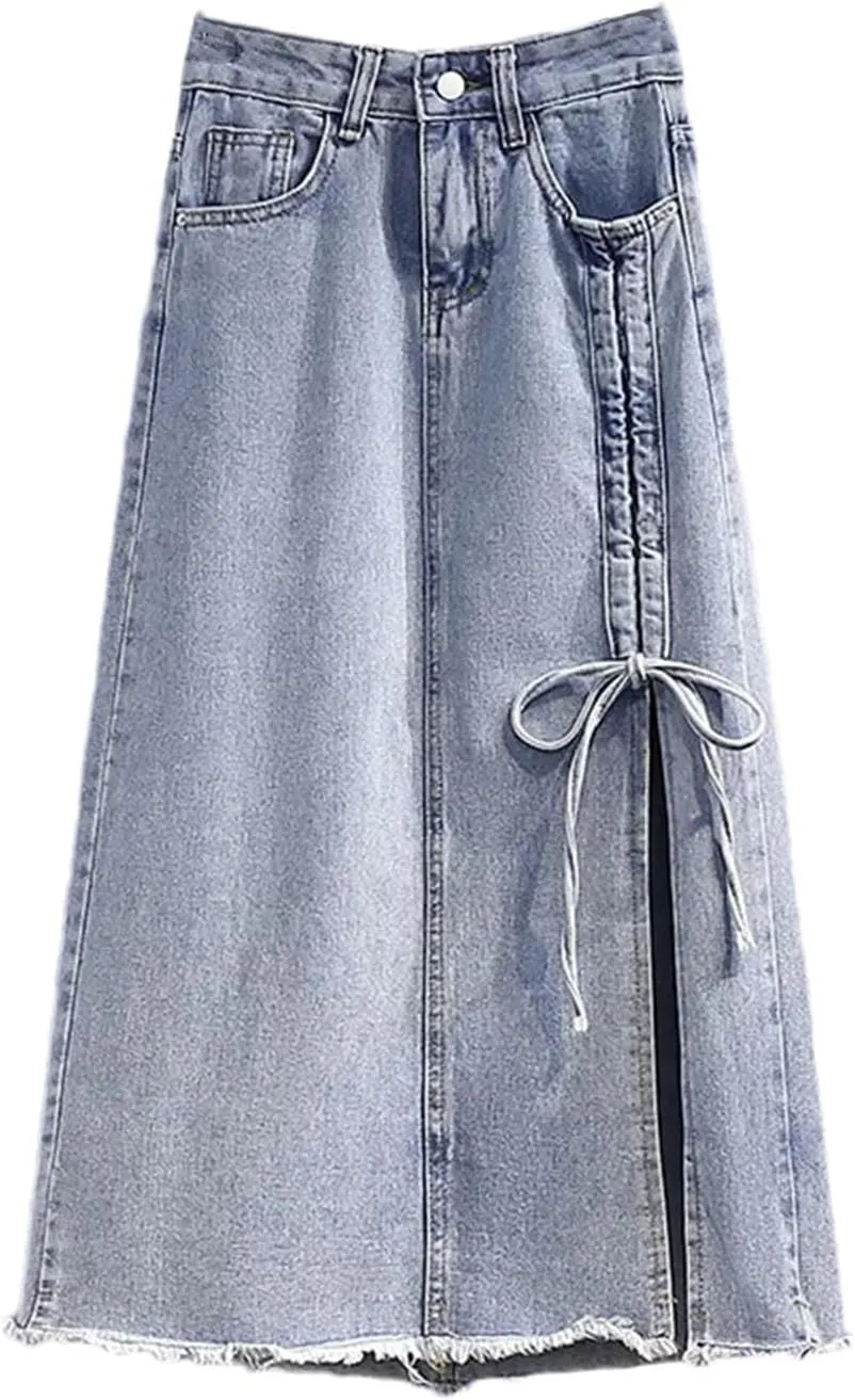 Women's Casual High Waisted Denim Skirt Bow Slim Fit Mid Length A-Line Jeans Skirts